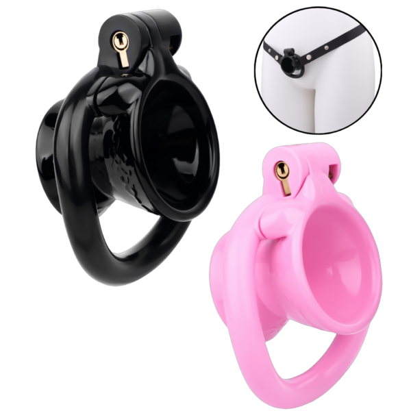 resin inverted chastity cage shown in black and pink with a rounded pocket-style body and base rings