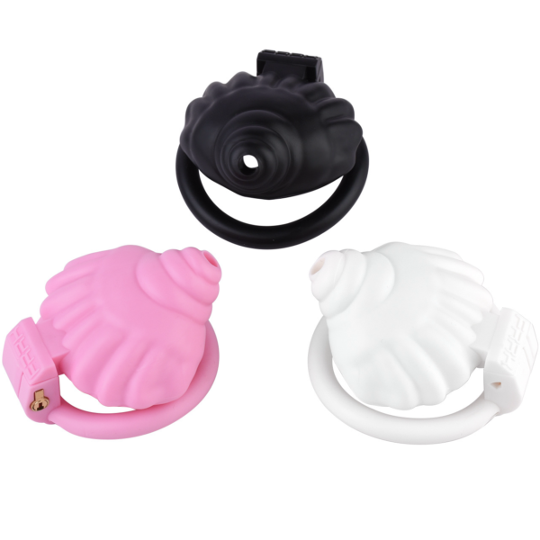 ABS Small Shell Chastity Cage Set with 4 Rings – Pink / Black / White — product image 2
