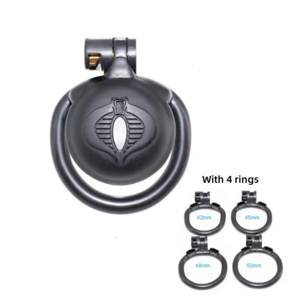 Black Mamba Chastity Cage with Urethral Hole and 4 Penis Rings — product image 7