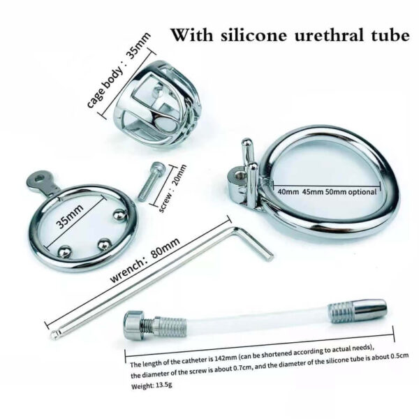 Male Stainless Steel Chastity Cage With Silicone / Metal Urethral Tube — product image 3
