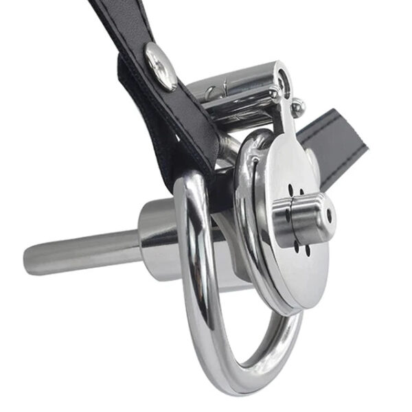 Inverted Chastity Cage with Long Metal Urethral Tube and PU Belt – Type B — product image 3