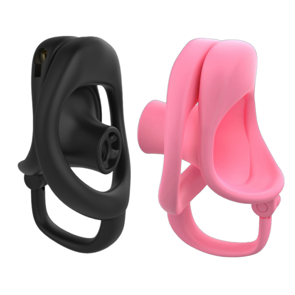 resin inverted chastity cage shown in black and pink with a rounded support-style base