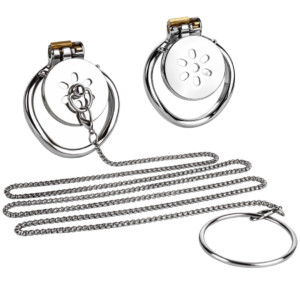 Stainless Steel Flat Chastity Cage with Removable Chain Leash — product image 1