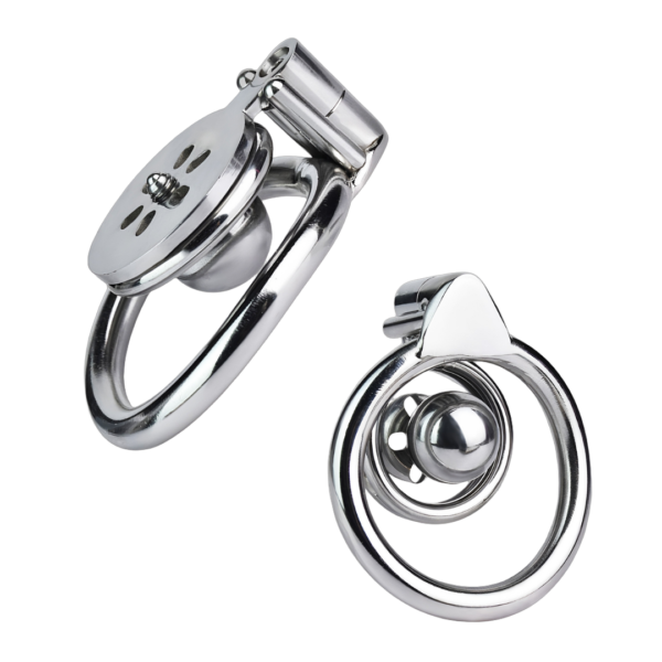 micro negative inverted chastity cage in polished stainless steel shown with base rings