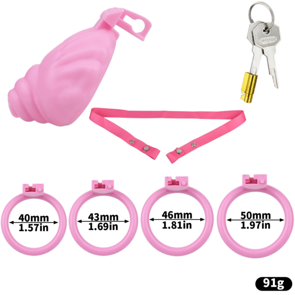 ABS Small Shell Chastity Cage Set with 4 Rings – Pink / Black / White — product image 13