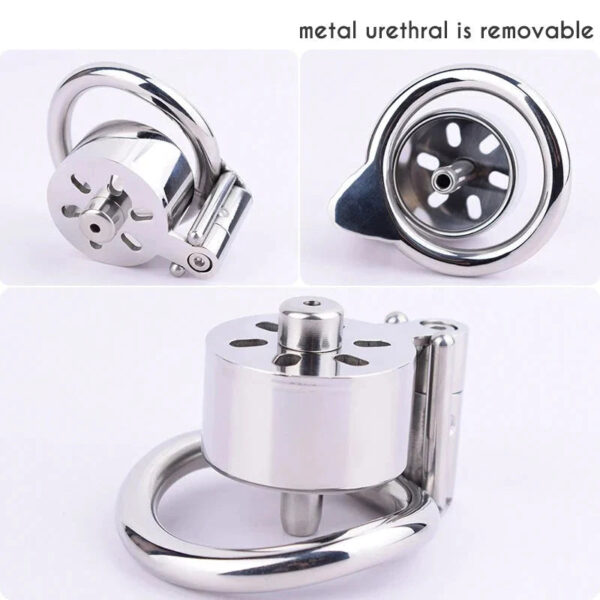 Flat Compact Chastity Cage with Ventilation Holes and Metal Catheter — product image 2
