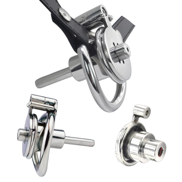 Inverted Chastity Cage with Long Metal Urethral Tube and PU Belt – Type B — product image 1