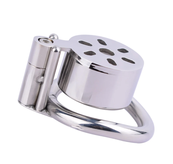 Flat Compact Chastity Cage with Ventilation Holes and Metal Catheter — product image 3