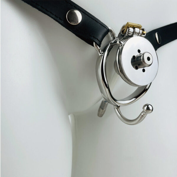 Small Short Inverted Chastity Cage with Strap and Silicone / Metal Urethral Tube — product image 5