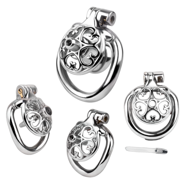 flat and inverted hollow heart chastity cage in stainless steel with a heart-shaped cutout front and ring options