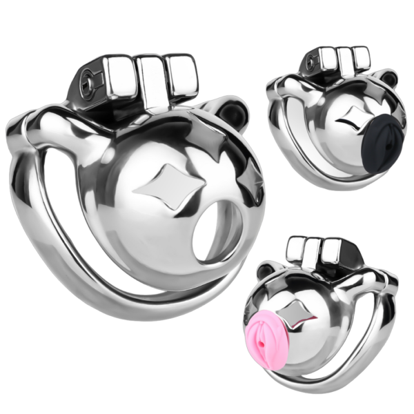 Small Metal Chastity Cage with Black or Pink Soft Pussy Catheter — product image 1