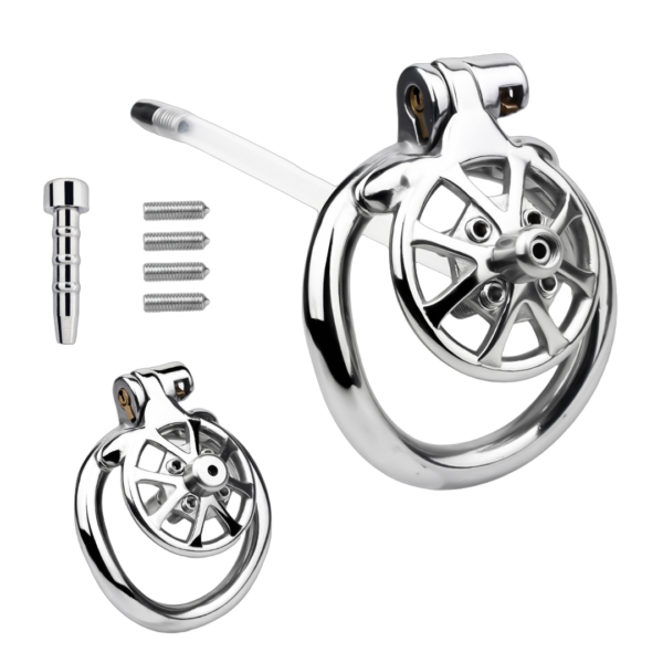 Versatile Flat Chastity Cage with Removable Spikes and Silicone / Metal Catheter — product image 1