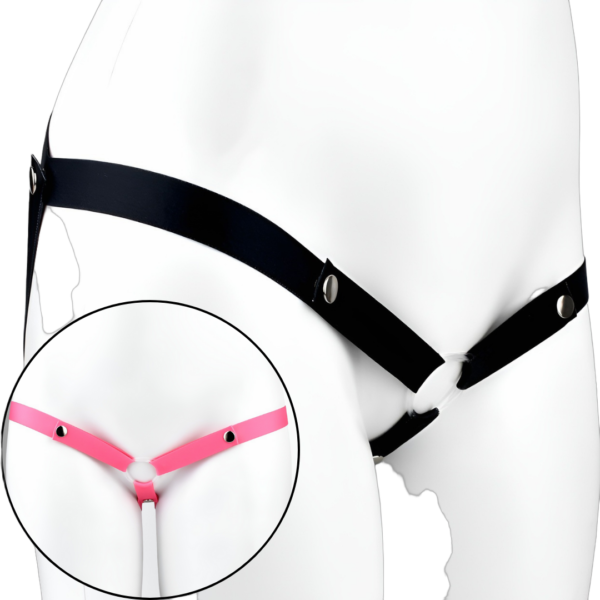 three-way elastic nylon strap for chastity cages shown in black, white, and pink