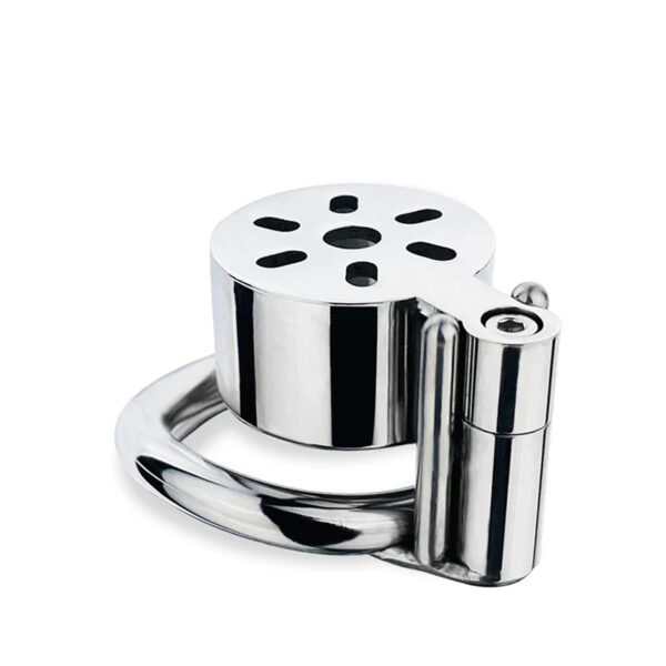 Flat Compact Chastity Cage with Ventilation Holes and Metal Catheter — product image 4