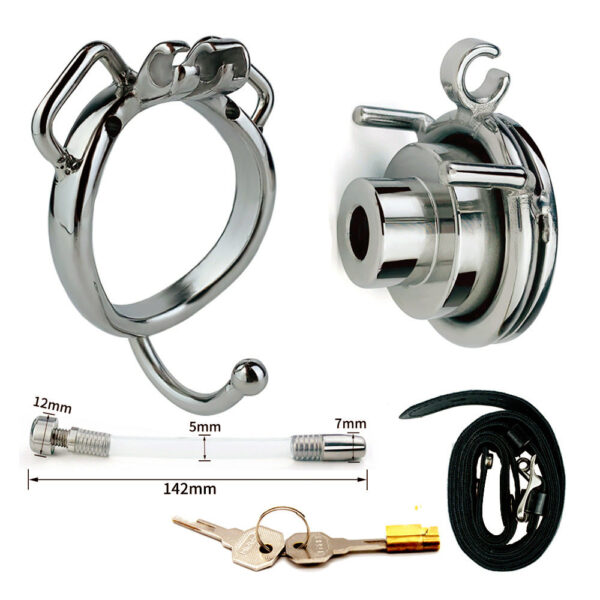 Small Short Inverted Chastity Cage with Strap and Silicone / Metal Urethral Tube — product image 13