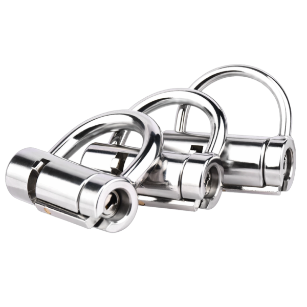 stainless steel Prince Albert chastity lock hardware shown with sizing options