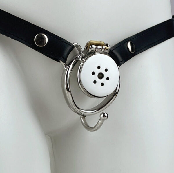 Small Short Inverted Chastity Cage with Strap and Silicone / Metal Urethral Tube — product image 2