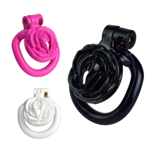 Rose Flat Chastity Cage with 4 Rings – Black / Pink / White — product image 1