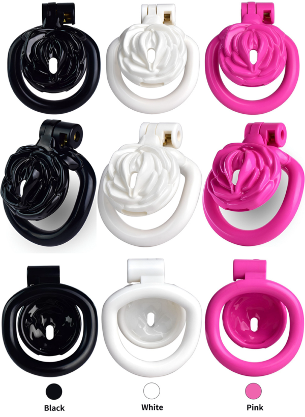 Rose Flat Chastity Cage with 4 Rings – Black / Pink / White — product image 8