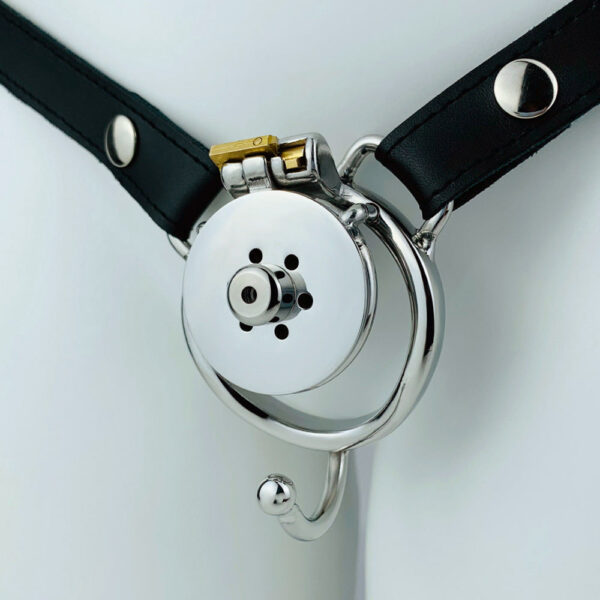 Small Short Inverted Chastity Cage with Strap and Silicone / Metal Urethral Tube — product image 4