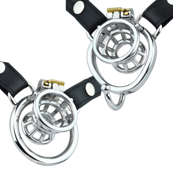 negative chastity cage in stainless steel with an adjustable PU strap, base rings, and lock