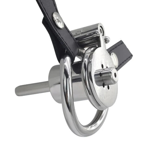 Inverted Chastity Cage with Long Metal Urethral Tube and PU Belt – Type B — product image 4