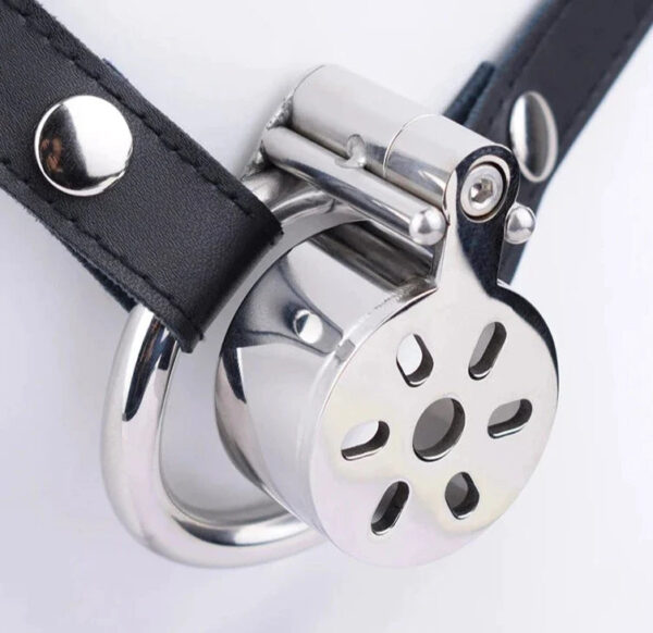 Flat Compact Chastity Cage with Ventilation Holes and Metal Catheter — product image 8