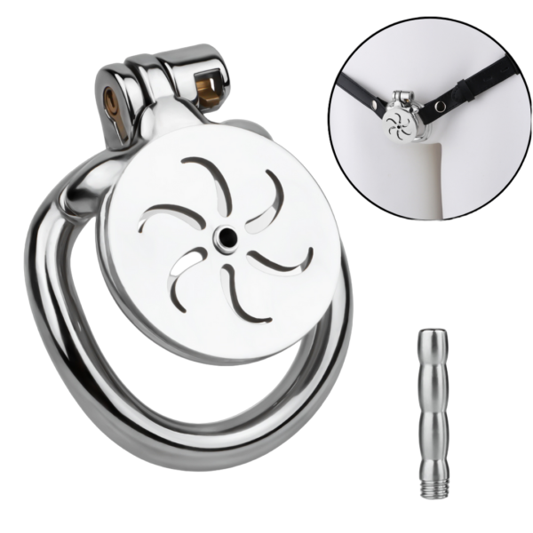 Flat Metal Chastity Cage with Strap and Catheter — product image 1