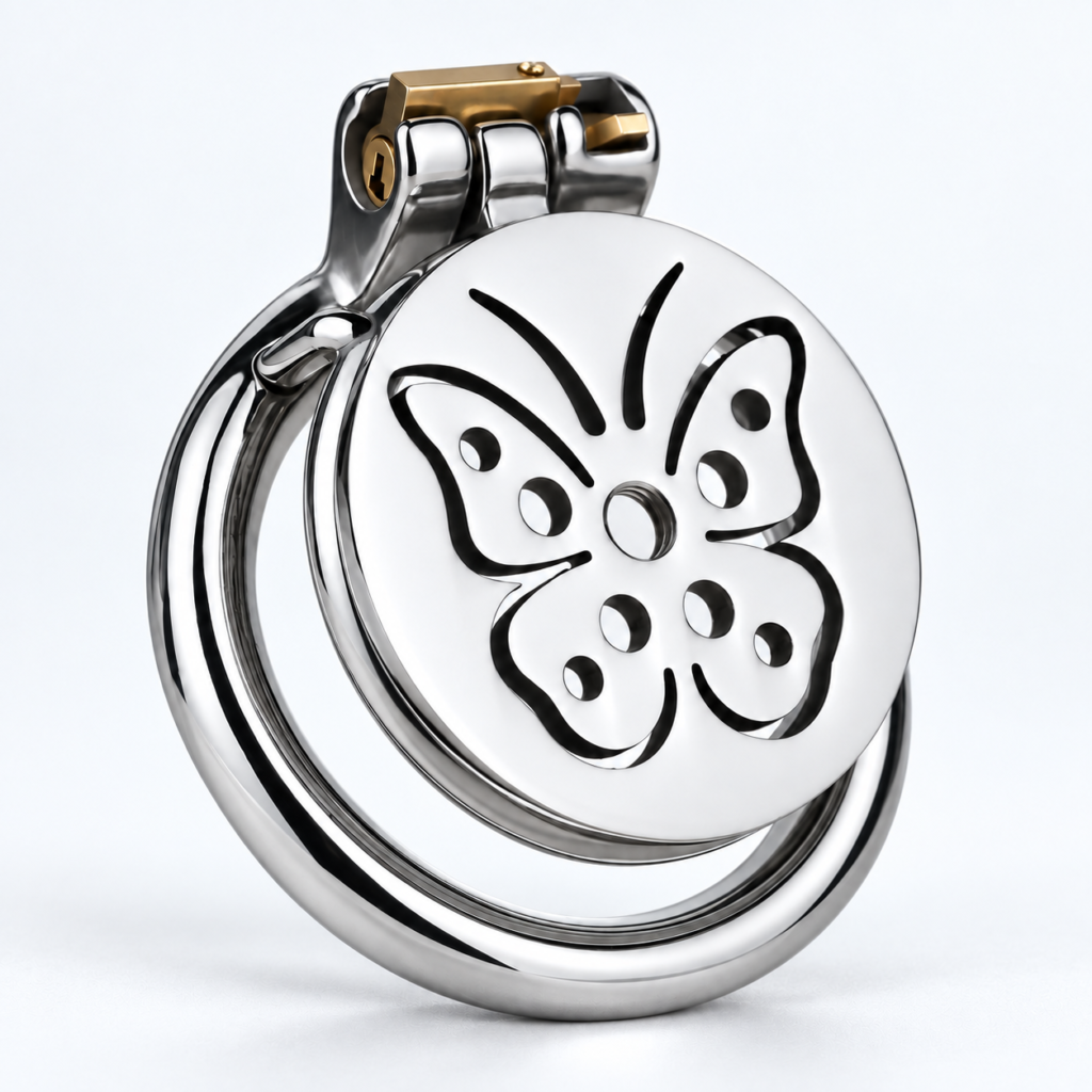 Chic Butterfly Flat Chastity Cage for Sissy — stainless steel flat cage with butterfly cut-out design